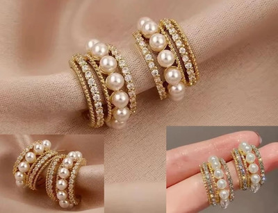 Kradhika Western Style C Shaped Cuff Pearl Korean Earrings for Women Alloy Stud Earring, Huggie Earring, Rhinestone Studs, Earring Set