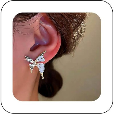 neze NZ 54 White Enamel Butterfly Earrings Rhinestone Butterfly Earrings Alloy Clip-on Earring