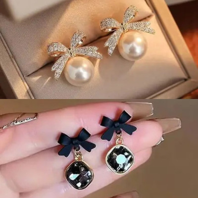 eloria New Trending Combo Pack Of 2 korean Stud Earrings For Women and Earring Set Diamond, Pearl Alloy Stud Earring, Chandbali Earring, Clip-on Earring, Drops & Danglers, Earring Set