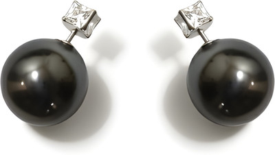 AVELIA 2-Way Black Pearl & Zirconia Stud Earrings for Women | Double-Sided Wear Crystal Alloy Plug Earring, Stud Earring