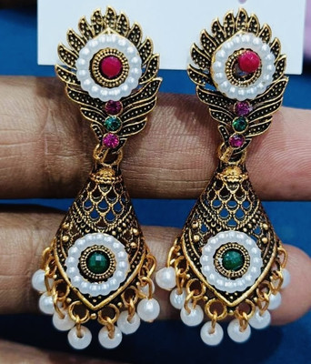 SAKETHAM Golden Beaded Lakshmi Alloy Jhumki Earring
