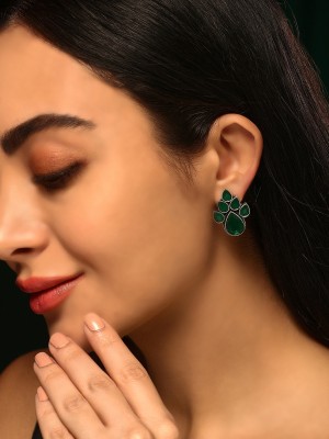 Priyaasi Green Drop Stoned Pattern SIlver Plating Stud Oxidized Earrings Brass Drops & Danglers