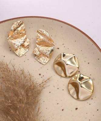 SOHI Set Of 2 Dented Drop Earrings - California Gold Alloy Earring Set
