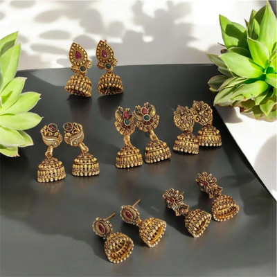 Vigilantee Jewels Antique Temple Jhumki combo set of 6 traditional gold plated alloy minimal , Pearl, Beads Alloy Chandbali Earring, Drops & Danglers, Earring Set, Jhumki Earring