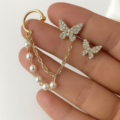 MoonLightBeauty Butterfly Chain Pearl Stud & Ear Cuff Earrings for Women & Girls Cubic Zirconia Alloy Cuff Earring
