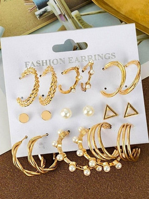 Dressberry Combo 9 Pairs Gold Plated Pearl Studs And Hoop Earrings Pearl Alloy Hoop Earring