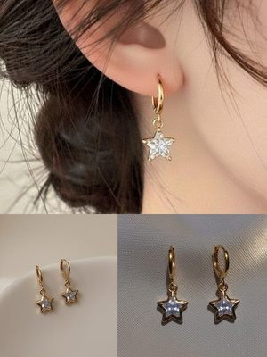 Dreft Elegant Gold-Plated Star Drop Huggie Hoop Earrings with Cubic Zirconia Alloy Stud Earring, Hoop Earring