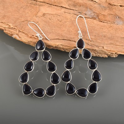 Silver Aura Creations Natural Black Onyx Silver Plated Earrings With Teardrop Shape Onyx Silver Drops & Danglers