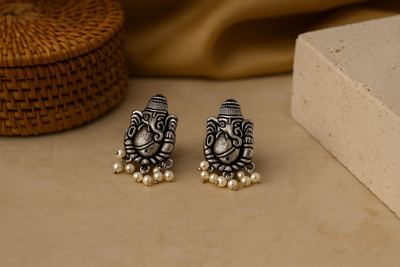 brassjewel Ethnic Oxidised Silver Ganesh Earrings | Designer Pearl Drop Earrings for Women Brass Jhumki Earring