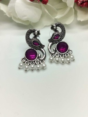 MegaSaver Oxidised Peacock Shaped Earrings With Different Colour Stones and Pearls Alloy Drops & Danglers