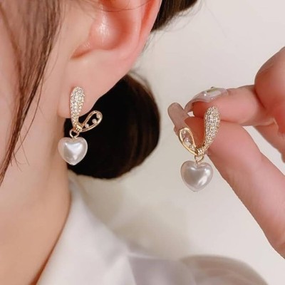 MAHADEV CREATION Pearl Heart Korean Earring Crystal Alloy Stud Earring