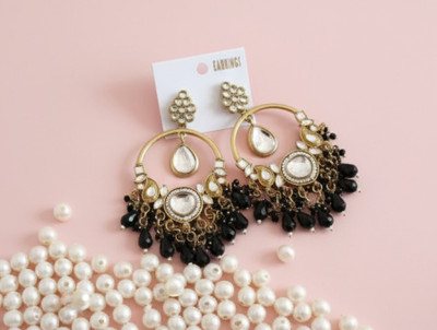 DHVANI Majestic Charm Kundan Hoop Earrings Beads Alloy Chandbali Earring