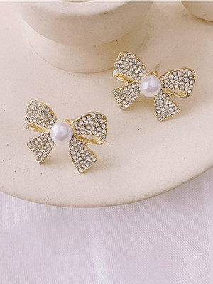VAGHBHATT Korean Gold-Plated Contemporary Shaped Pearls Studs Stainless Steel Stud Earring