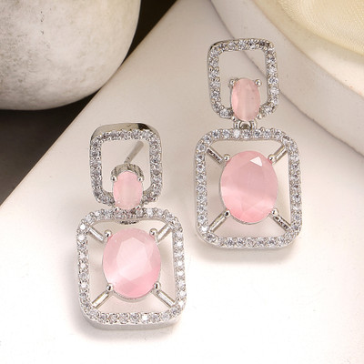 ZENEME Rhodium Plated American Diamond Pink Crystal Studded Hollow Rectangle Drop Brass Stud Earring