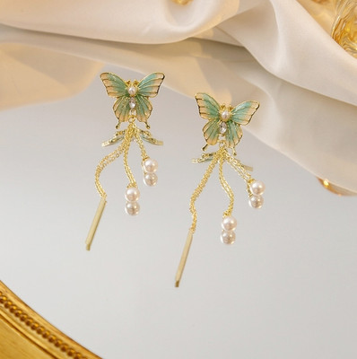 AKISON JEWELS Long Chain Butterfly Earrings Korean Earrings For Women Girls Trendy Western Pearl Alloy Earring Set, Drops & Danglers, Tassel Earring