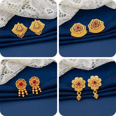LaChoiceIt Pack of 4 Pair Traditional Gold Pleted Earring Collection Brass Earring Set