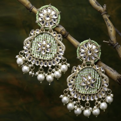 ZENEME Lime Green Beads White Pearls & Kundan studded Handcrafted Drop Earrings Cubic Zirconia Brass Drops & Danglers