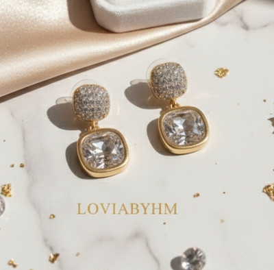 LOVIA BY HM GOLD RHINESTONE CRYSTAL DROP EARRINGS FOR WOMEN, KOREAN EARRINGS Cubic Zirconia Alloy Drops & Danglers