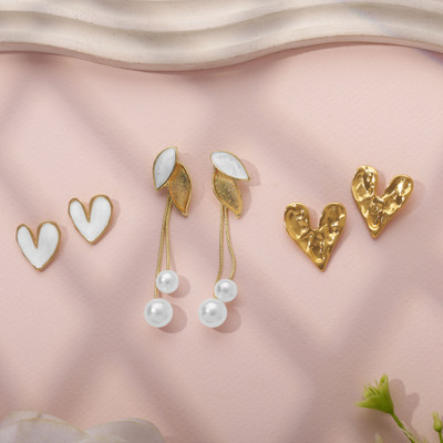 estailo fashion Heart Leaf Drop Stud Pearl Earrings Set of 3 Cubic Zirconia Alloy Earring Set