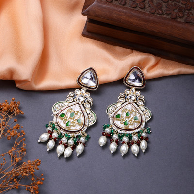 mahi Peacock-Shaped Ethnic Dangler Meenakari Earrings Beads Alloy Drops & Danglers