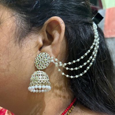 CarnationCart Bahubali Jhumka Earrings with Hair Chain for Women – Jhumki with Pearl Chain Cubic Zirconia German Silver Jhumki Earring