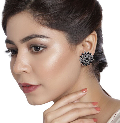 Sangria Silver Plated Floral Design Black Stone Embellished Oxidized Earrings for Women Brass Stud Earring