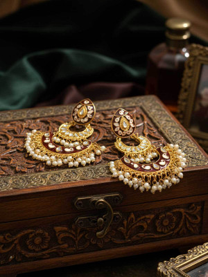 Fashion Fusion Kundan Meena Pearl Pearl Brass Chandbali Earring