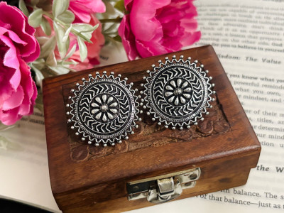 Enke Oxidised Silver Round Floral Stud Earrings for Women – Pack of 2, Ethnic Jewelry German Silver Stud Earring