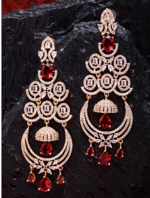 ZENEME Rose Gold Plated & Red American Diamond Studded Crystal Brass Drops & Danglers