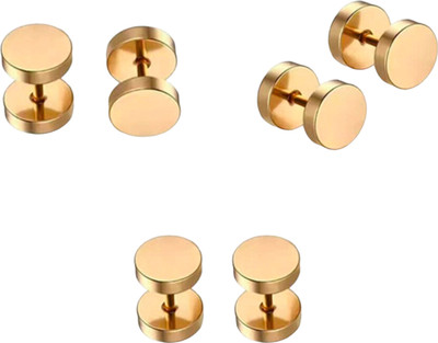 Shree Ju Trendy Golden Barbell Dumbbell Screw Back Bali Combo For Men Women (3 Sets) Stainless Steel Huggie Earring, Stud Earring, Earring Set