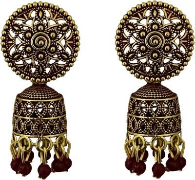 Tiso Oxidised Gold Maroon Jhumki Earrings for Women and Girls German Silver Zircon Alloy, German Silver Drops & Danglers, Jhumki Earring