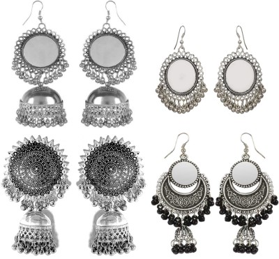 RazzCreations Combo of 4 Beautiful Mirror Jhumki, Bahubali Jhumka & Half Moon for Girls & Women to wear in Weddings, Parties and Daily Alloy Earring Set