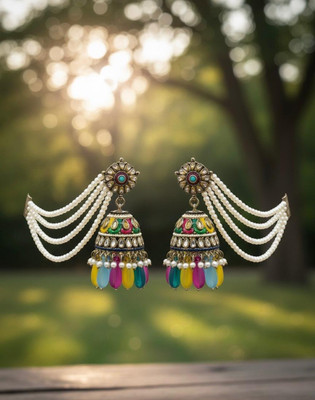 CharmsByChandra Traditional Ethnic Multi-Color Bahubali Jhumka with Pearl Kan Chain Pearl, Beads Stainless Steel, Alloy Jhumki Earring, Drops & Danglers