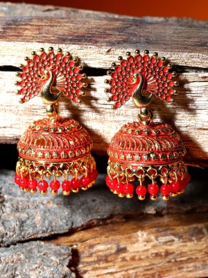 Anika's Creation Red & Gold-Plated Enamelled Dome Shaped Jhumkas_ANIK Pearl Brass Jhumki Earring