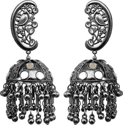 MUDTALE Oxidised Jhumka Afghani Style Black Gun Metal Mirror Earrings for Girls & Women German Silver Jhumki Earring