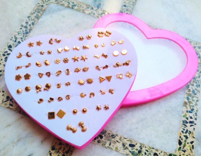 DIVINE Pack of 36 Pairs Golden Plated Mix Design Studs with Heart Box for Girls(1 Box) Plastic Stud Earring