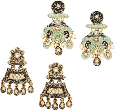 fabula Combo of 2 Mint Green Meenakari & Antique Gold Tone Opal Beads Ethnic Drop Beads, Crystal Alloy Drops & Danglers