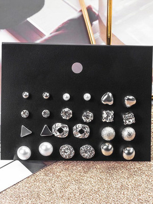 Dressberry Combo Of 12 Pair Silver Plated Round Pearl Stud Earrings For Women And Girls Alloy Stud Earring