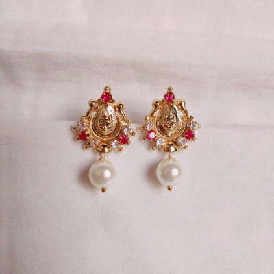 kurdekars divuu red white stones pearls fitted laxmi earring Copper Drops & Danglers