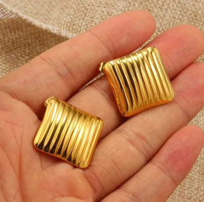 EVARA JEWELS Evara 18K Gold - Plated Ribbed Square Stud Earrings - Elegant Textured Design Stainless Steel Stud Earring
