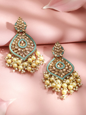 RUBANS 18K Gold-Plated Pastel Blue Kundan & Off-White Pearl Beaded Chandelier Brass Chandbali Earring