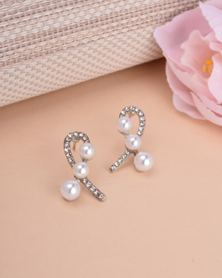 RN SHOPPING HUB Korean Graceful Loop Pearl & Crystal Stud Earrings – Silver Finish Pearl, Beads Alloy Stud Earring