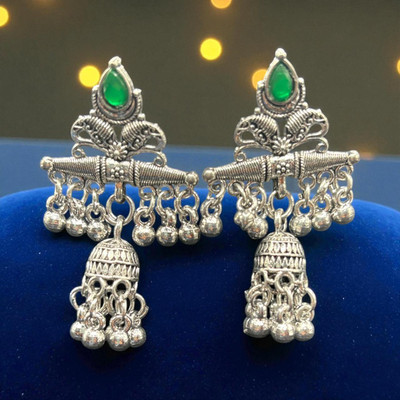 HM Creations Traditional Silver green Jhumka Earrings With indian Brass Jhumki Earring