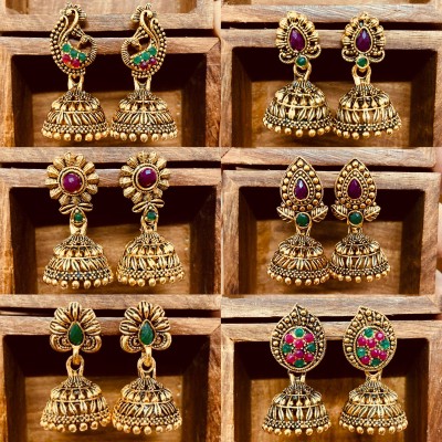 Tripleline Set of 6 golden jhumkas Alloy Jhumki Earring