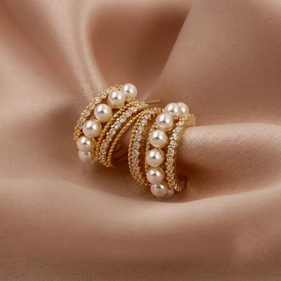 Harsu Collection Korean Pearl Hoop Earrings For Woman Fashion Jewelry Cubic Zirconia Alloy Earring Set, Jhumki Earring
