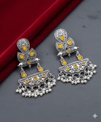 Yakshkara Yaksh Kara Oxidised Silver Yellow Stone Pearl Chandbali Earrings Pearl, Beads, Crystal Alloy, Enamel Chandbali Earring, Clip-on Earring