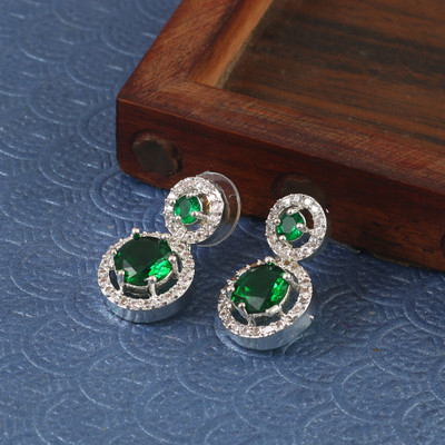 Jewar Mandi Earrings Silver Plated Drop Ad Cz Multi-Color Stones Round Drop Design Danglers Cubic Zirconia, Crystal Brass Drops & Danglers, Earring Set