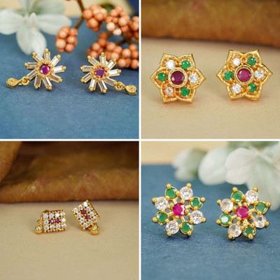 Dency Glossy Finish 4 Piece Earring Studs Combo in 22K Gold Plating Crystal, Diamond Brass Stud Earring