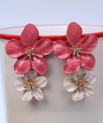 AKISON JEWELS Pink & White Flower Earrings Floral Earrings For Women Long Korean Earrings Alloy Earring Set, Drops & Danglers, Tassel Earring