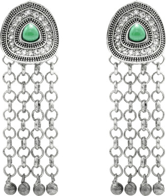 Shining Jewel Matte Dual Two Tone Plated Oxidixed Pearl & Elephant Design Drop Long Brass Drops & Danglers